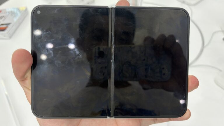 iPhone Duo opened to show the inner folding screen, switched off