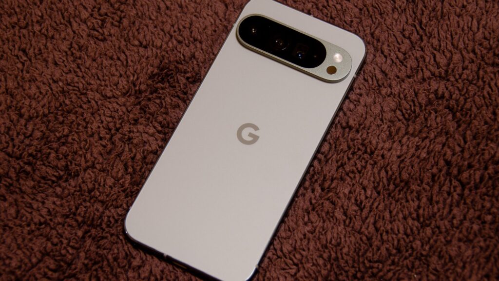 Rear of a Google Pixel 9 Pro XL on fabric