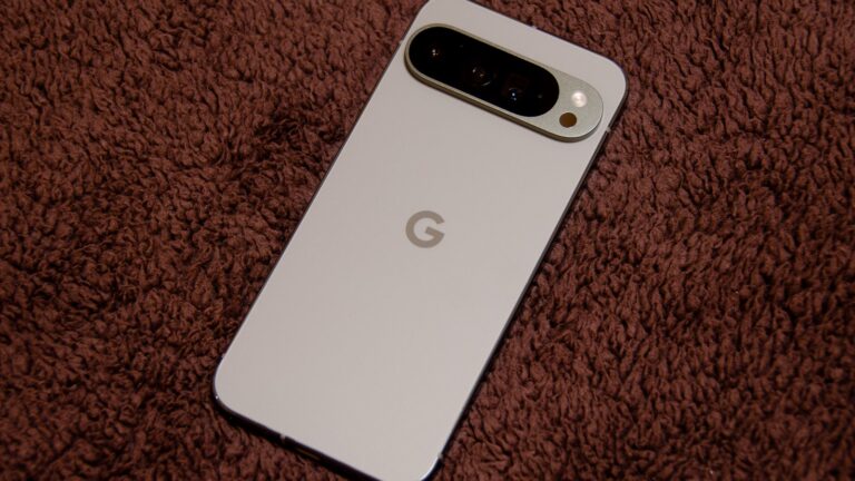 Rear of a Google Pixel 9 Pro XL on fabric