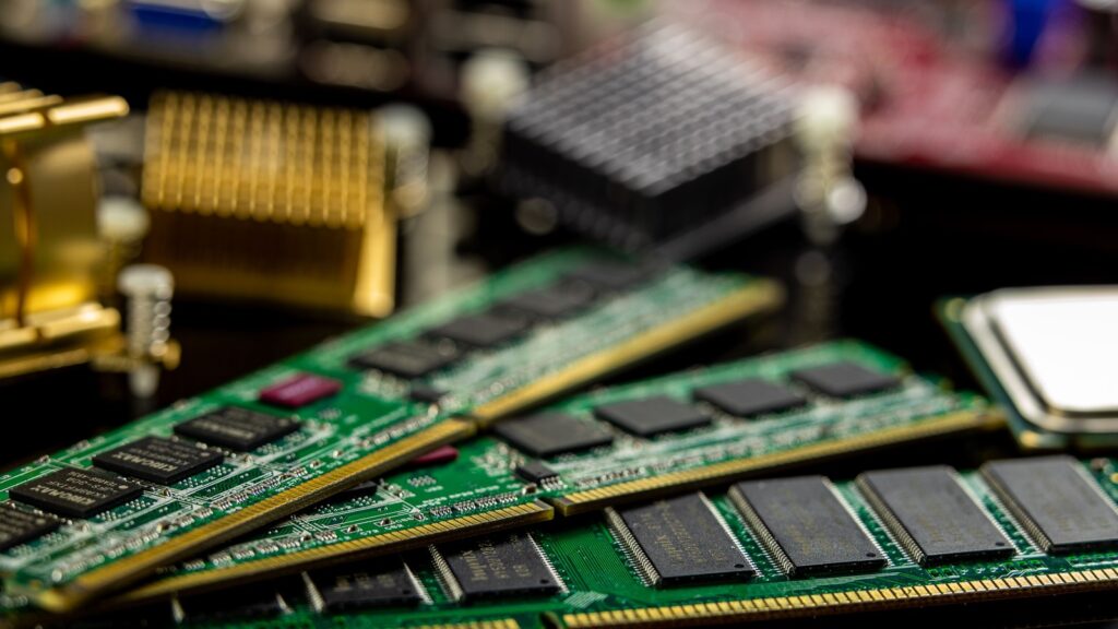 Conventional computer RAM modules photographed close up