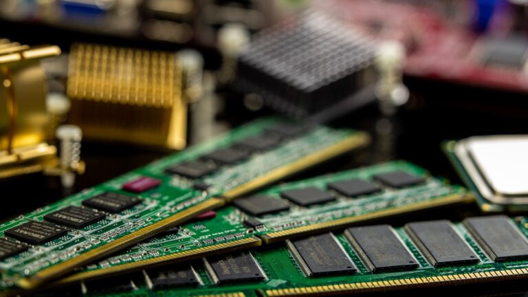 Conventional computer RAM modules photographed close up