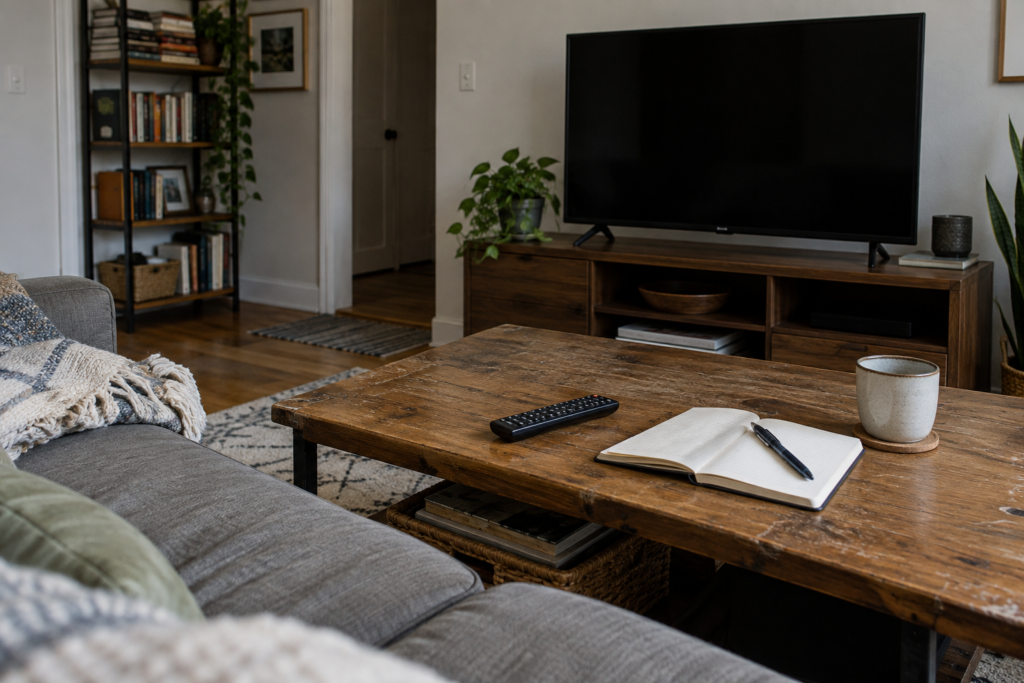A television remote, open notebook, pen and mug on a worn wooden coffee table facing a switched-off TV.