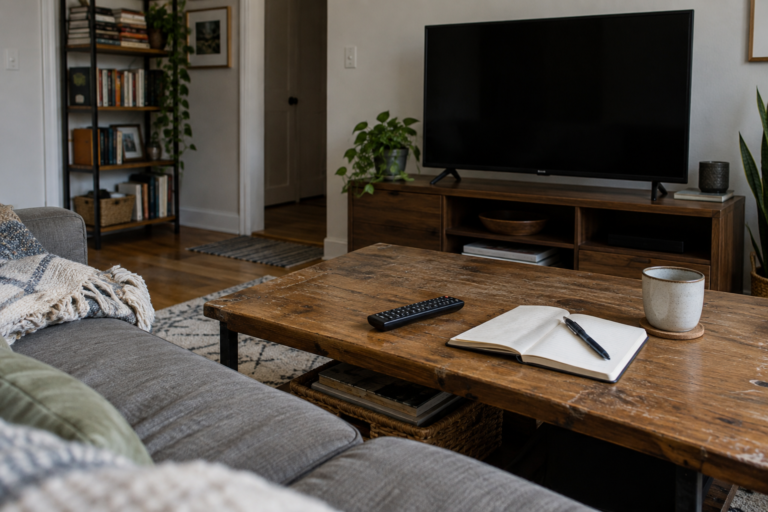 A television remote, open notebook, pen and mug on a worn wooden coffee table facing a switched-off TV.