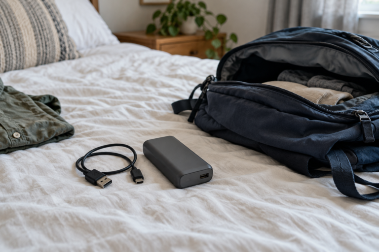 A dark portable power bank and USB cable beside an open navy backpack on a bed.