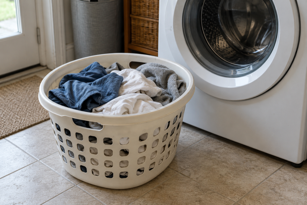 A basket of blue, white and gray laundry beside a front-loading washing machine on a tiled floor.